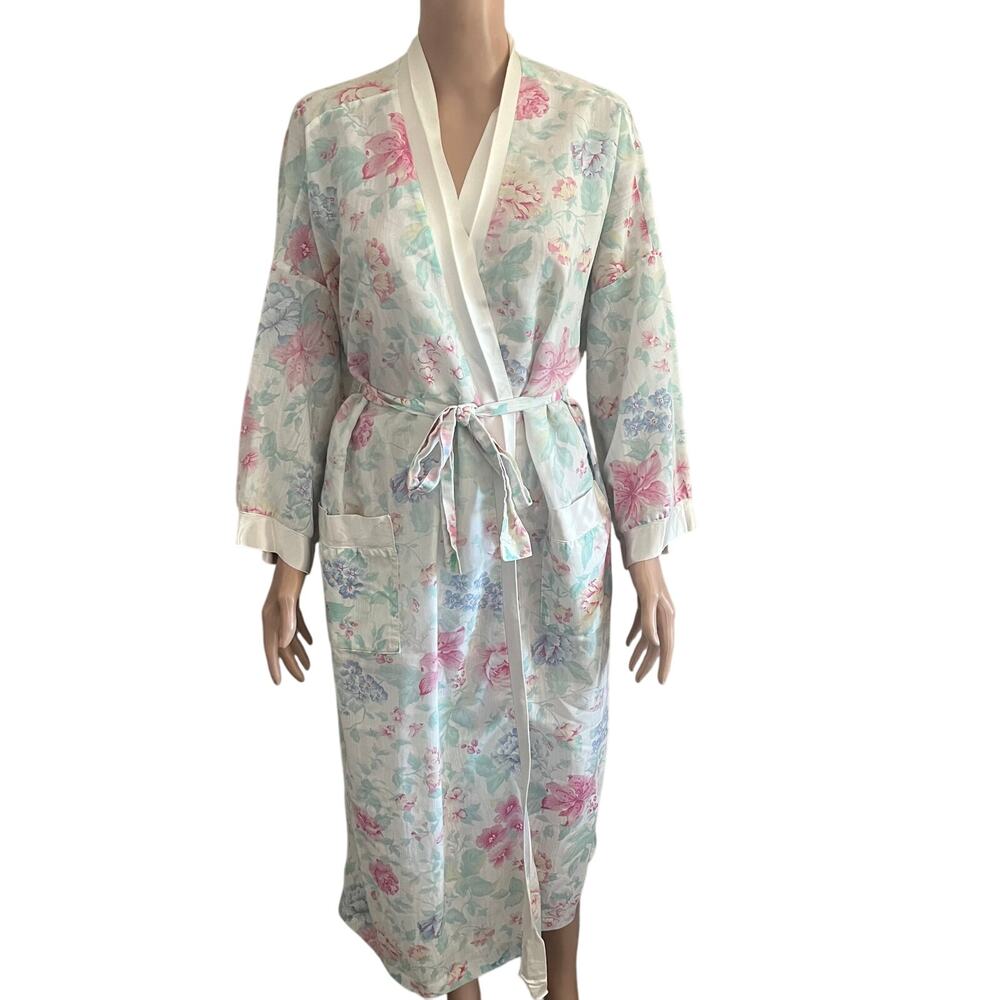 Vintage Appel Robe Womens Large Floral Satin Trim Multicolored